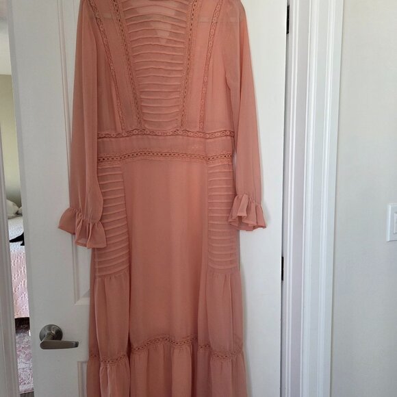 Asos High neck maxi sheer tiered lace boho style peach colour size 8 - Picture 1 of 6
